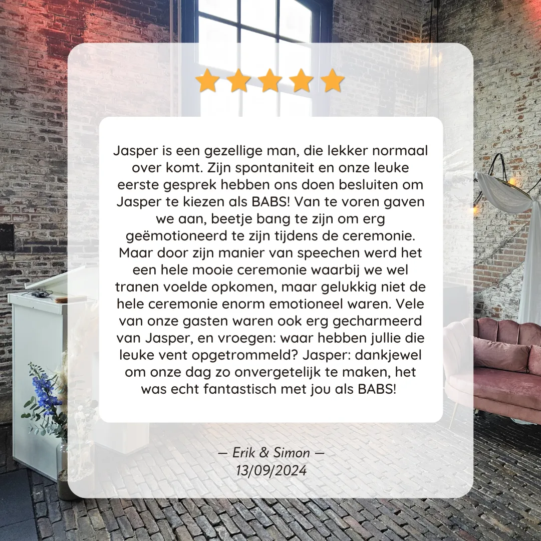 Vijfsterrenreview van Erik & Simon over de trouwceremonie van Jasper
