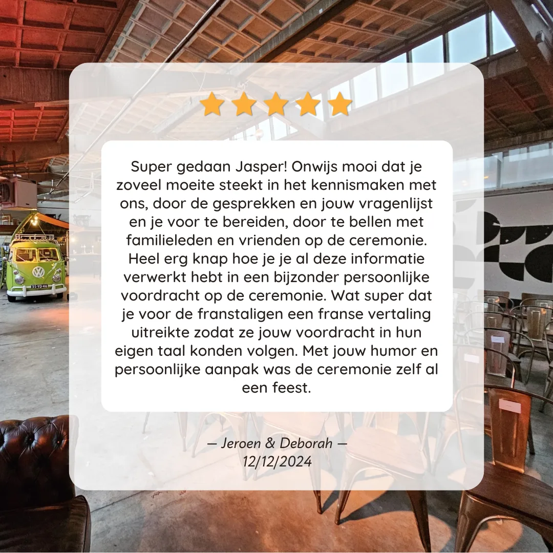 Vijfsterrenreview van Jeroen & Deborah over Jasper Trouwt